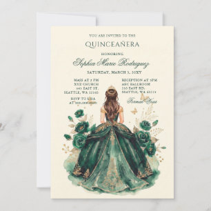 Grüne Goldene Prinzessin Florale Tiara Quinceañera Einladung