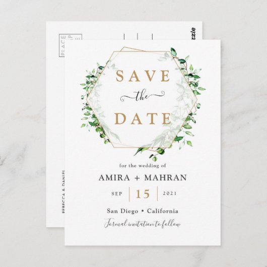 Grüne goldene Rahmen Save the Date Postkarte (Vorne/Hinten)