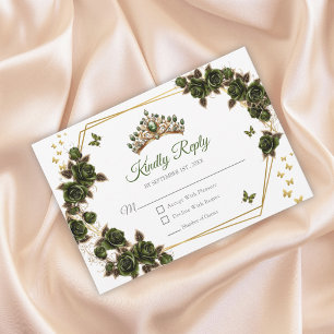 Grüne goldene Rosen Tiara Schmetterlinge Quinceañe RSVP Karte