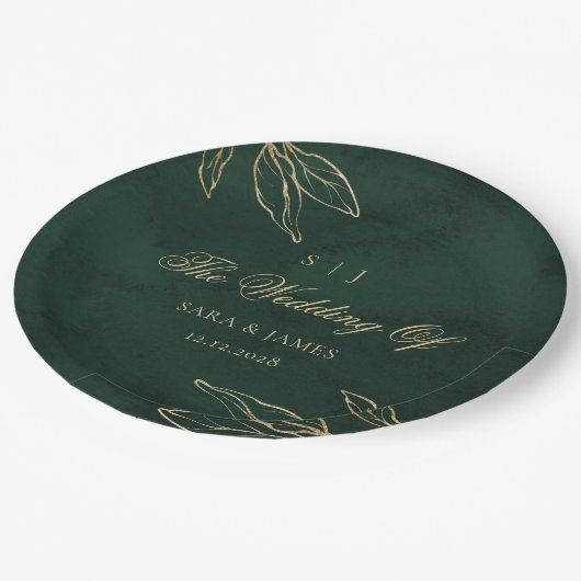 Grüne goldene Smaragdfarbene verzauberte Hochzeit Pappteller (Schrägansicht)