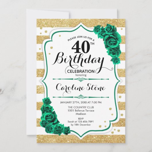Grüne goldene Streifen Blumengestelle 40. Geburtst Einladung (Vorderseite)