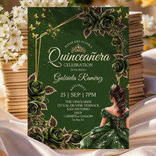 Grüne goldene Tiara-Rosen-Schmetterling-Quinceañer Einladung