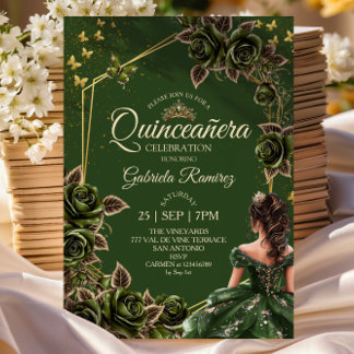 Grüne goldene Tiara-Rosen-Schmetterling-Quinceañer Einladung
