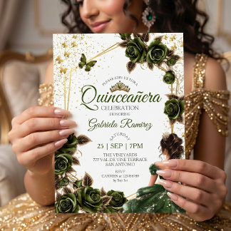 Grüne goldene Tiara-Rosen-Schmetterling-Quinceañer Einladung