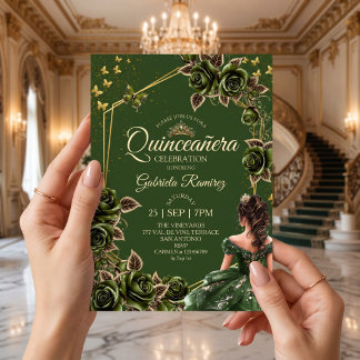 Grüne goldene Tiara-Rosen-Schmetterling-Quinceañer Einladung
