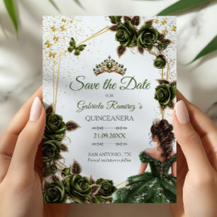 Grüne goldene Tiara-Rosen-Schmetterling-Quinceañer Save The Date
