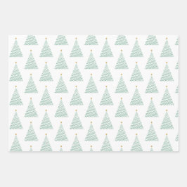 Grüne, goldene und schwarze Linie Weihnachtsbaumen Geschenkpapier Set