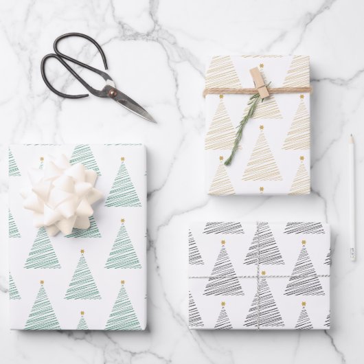 Grüne, goldene und schwarze Linie Weihnachtsbaumen Geschenkpapier Set (Vorderseite)