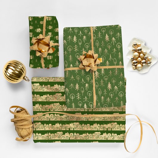 Grüne goldene Weihnachtsbäume und Schnee Geschenkpapier Set