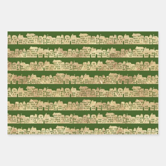 Grüne goldene Weihnachtsbäume und Schnee Geschenkpapier Set (Vorderseite)