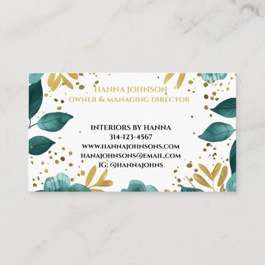 Grüne Goldflorfarben-Monogramm Visitenkarte (Rückseite)