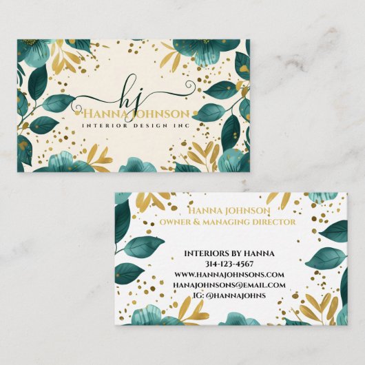 Grüne Goldflorfarben-Monogramm Visitenkarte (Vorne/Hinten)