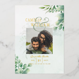 Grüne Goldfolie PHOTO QR CODE Hochzeit Termin merk Folieneinladung