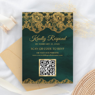 Grüne Goldfolie Spitze QR Code RSVP Hochzeitswebsi Begleitkarte