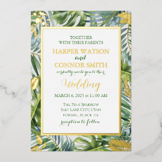 Grüne Goldfolienblätter einfache Hochzeit Folieneinladung