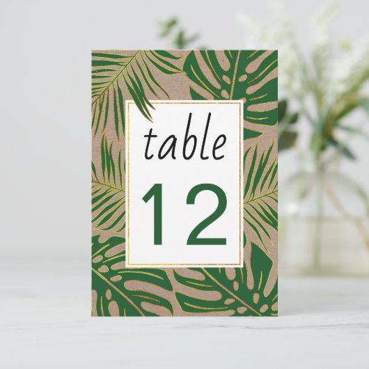 Grüne, goldgelbe tropische Blätter Hochzeitsfeier Einladung (Stehend Vorderseite)