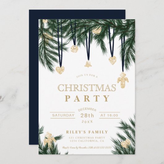 Grüne Goldkiefer-Filialen Glitzer Einladung (Vorne/Hinten)