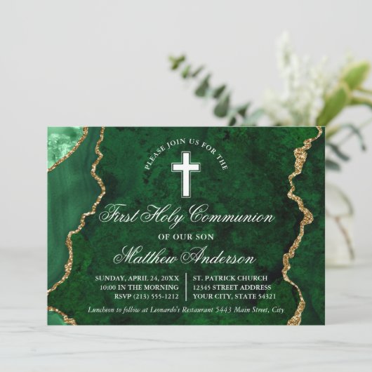 Grüne Goldmarble Agate Geode Erste Kommune Einladung (Stehend Vorderseite)