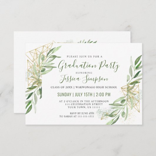 Grüne Graduation Party für moderne Olivenzweige Einladung (Vorne/Hinten)