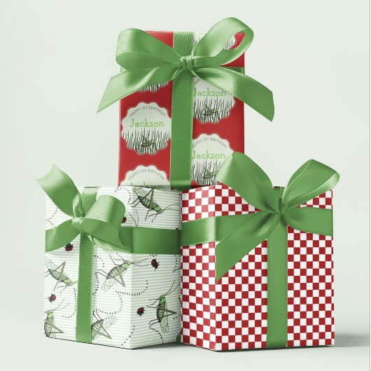 Grüne Grasshopper & Ladybug Kinder Insekten Geburt Geschenkpapier Set