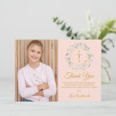Grüne Grüne erste Heilige Kommunion Rosa Foto Dankeskarte (Stehend Vorderseite)