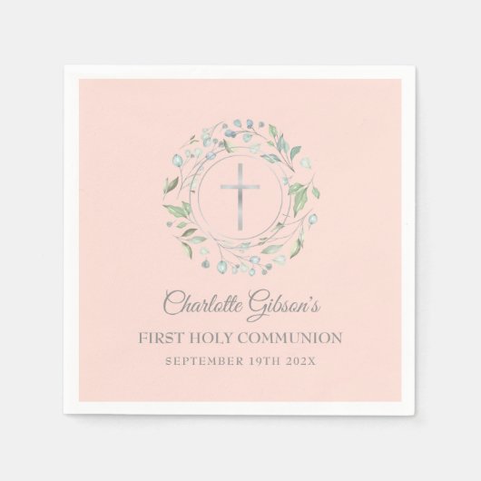Grüne Grüne erste heilige Kommunion Rosa Silver Serviette (Vorderseite)