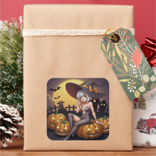 Grüne Halloween-Hexe auf dem Kürbis Quadratischer Aufkleber