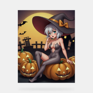 Grüne Halloween-Hexe auf Kürbisgesicht Acrylschild