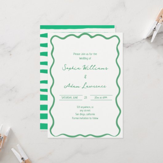 Grüne handgeschriebene Pinstripes Whimsical-Hochze Einladung (Vorderseite/Rückseite Beispiel)