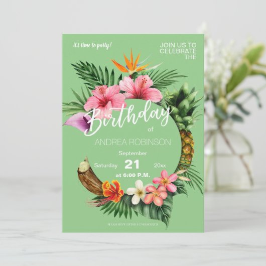 Grüne Hawaiian Floral Birthday Party Einladung (Stehend Vorderseite)