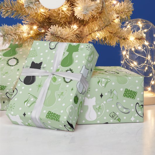 Grüne Herzkatzen aus der Mitte des Jahrhunderts Geschenkpapier (Feiertage)