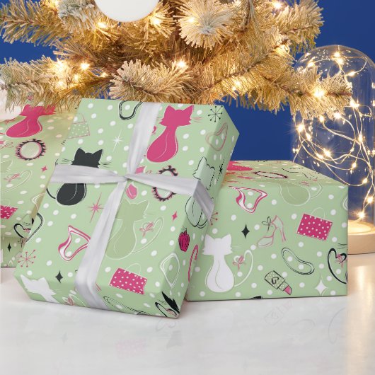 Grüne Herzkatzen aus der Mitte des Jahrhunderts Geschenkpapier (Feiertage)