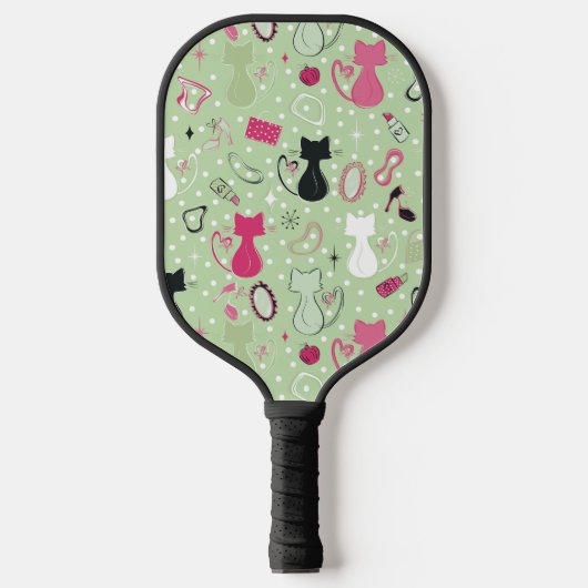 Grüne Herzkatzen aus der Mitte des Jahrhunderts Pickleball Schläger (Vorderseite)