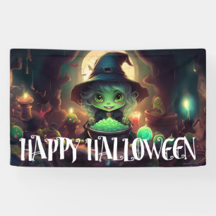 Grüne Hexe isst Süßigkeiten Frohes Halloween Banner