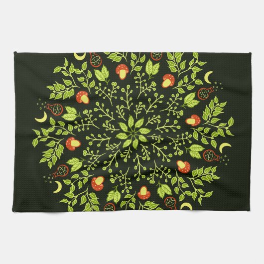 Grüne Hexe Mandala - Tränke und Pilze Geschirrtuch (Horizontal)