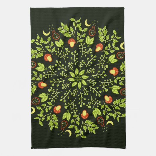 Grüne Hexe Mandala - Tränke und Pilze Geschirrtuch (Vertikal)