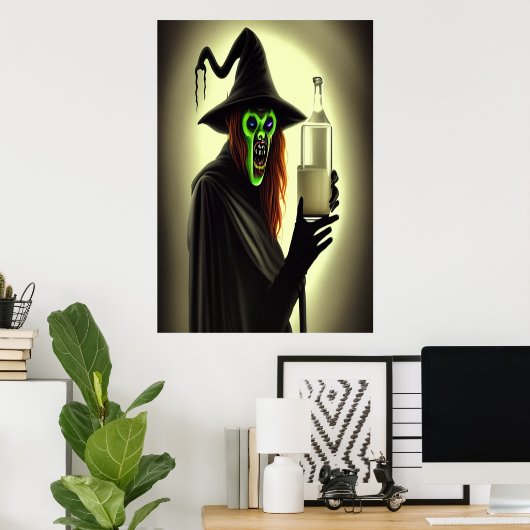 Grüne Hexe mit Milchflasche | AI Art Poster (Heimbüro)