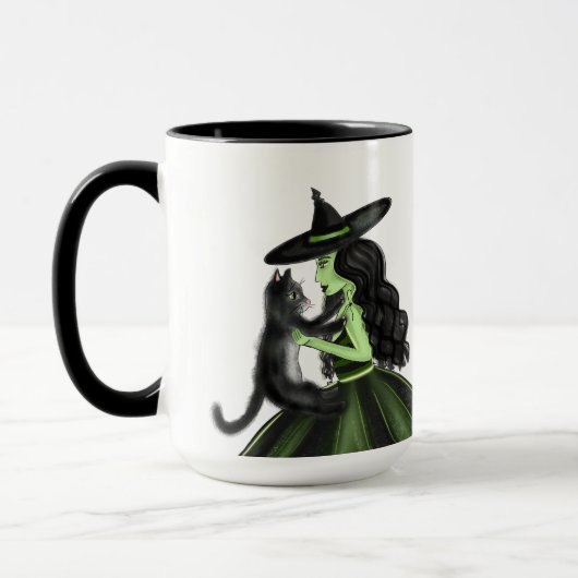 Grüne Hexe mit Schwarzer Katze-Illustration Tasse (Links)