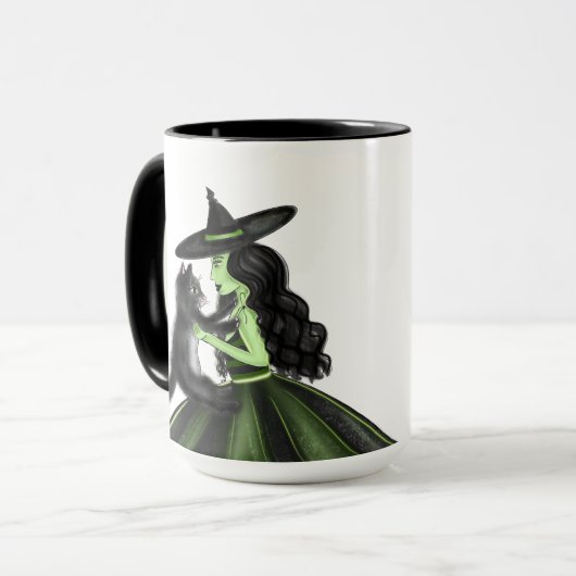Grüne Hexe mit Schwarzer Katze-Illustration Tasse (Vorderseite Links)