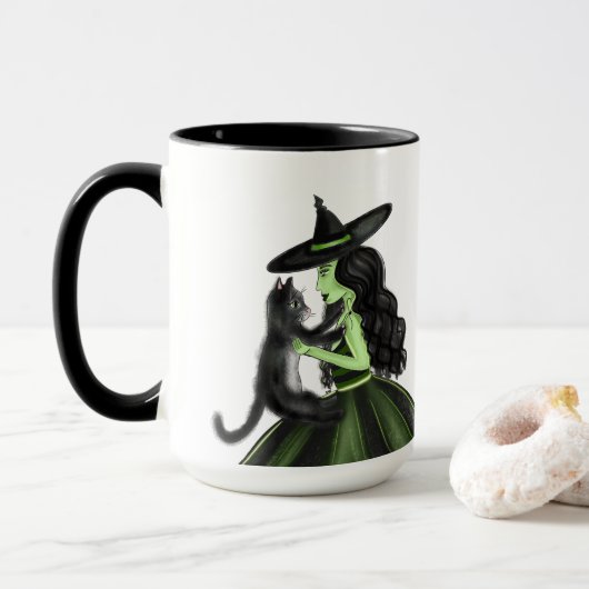 Grüne Hexe mit Schwarzer Katze-Illustration Tasse (Mit Donut)