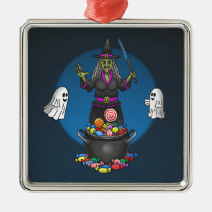 Grüne Hexe und Geister Halloween-Süßigkeiten oder Ornament Aus Metall