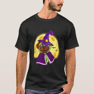 Grüne Hexen-Mops süße Hunde-Halloween-Kostüm T-Shirt