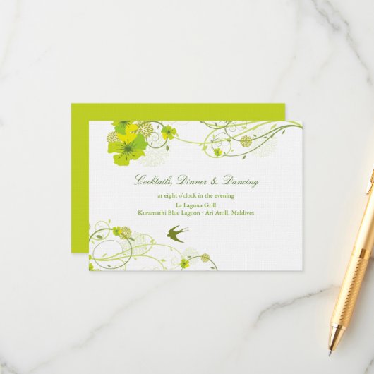 Grüne Hibisken Wirbel & Schwedische Blumenhochzeit Begleitkarte (Vorderseite/Rückseite Beispiel)