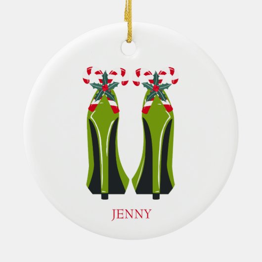 Grüne High Heels mit Candy Canes Keramikornament (Hinten)
