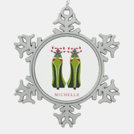 Grüne High Heels mit Candy Canes Schneeflocken Zinn-Ornament