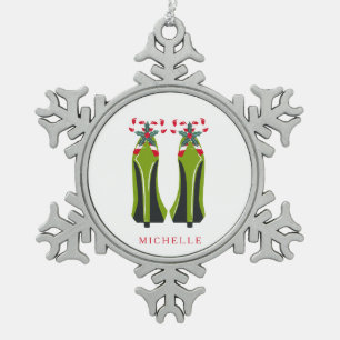 Grüne High Heels mit Candy Canes Schneeflocken Zinn-Ornament