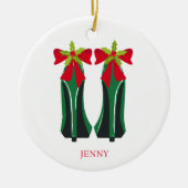 Grüne High Heels mit Weihnachtsbäumen Keramik Ornament (Vorne)