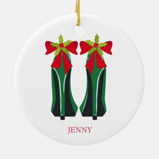 Grüne High Heels mit Weihnachtsbäumen Keramik Ornament (Hinten)