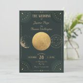 Grüne Himmelsmond-mystische Hochzeit Einladung (Stehend Vorderseite)