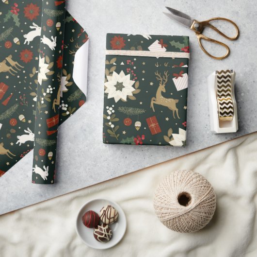 Grüne Hirsche Handgezeichnetes Weihnachtsmuster De Geschenkpapier (Basteln)